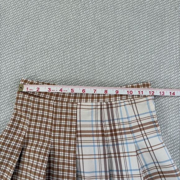 Originality Tan White Blue Plaid Gingham Colorblock Pleated Flare Mini Skirt Xs - Picture 6 of 6